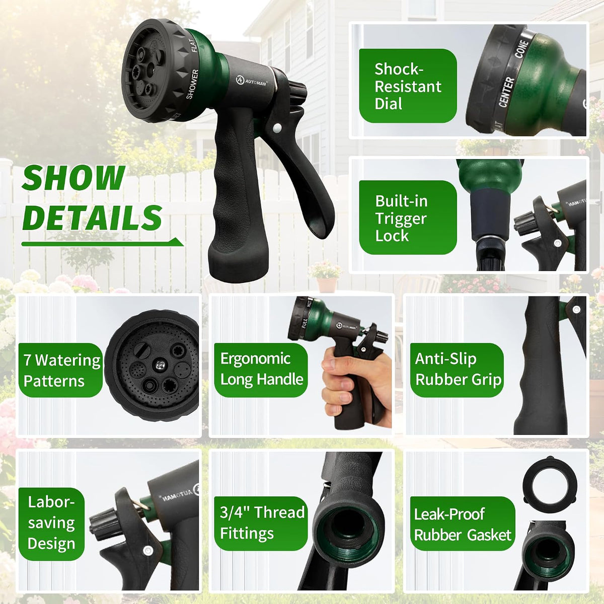 AUTOMAN Garden Hose Nozzle, Water Hose Sprayer Nozzle with 7 Adjustable Watering Patterns, Slip Resistant for Watering Plants, Lawn& Garden, Washing Cars, Cleaning, Showering Pets & Outdoor Fun. Father Jim Norris notebooks