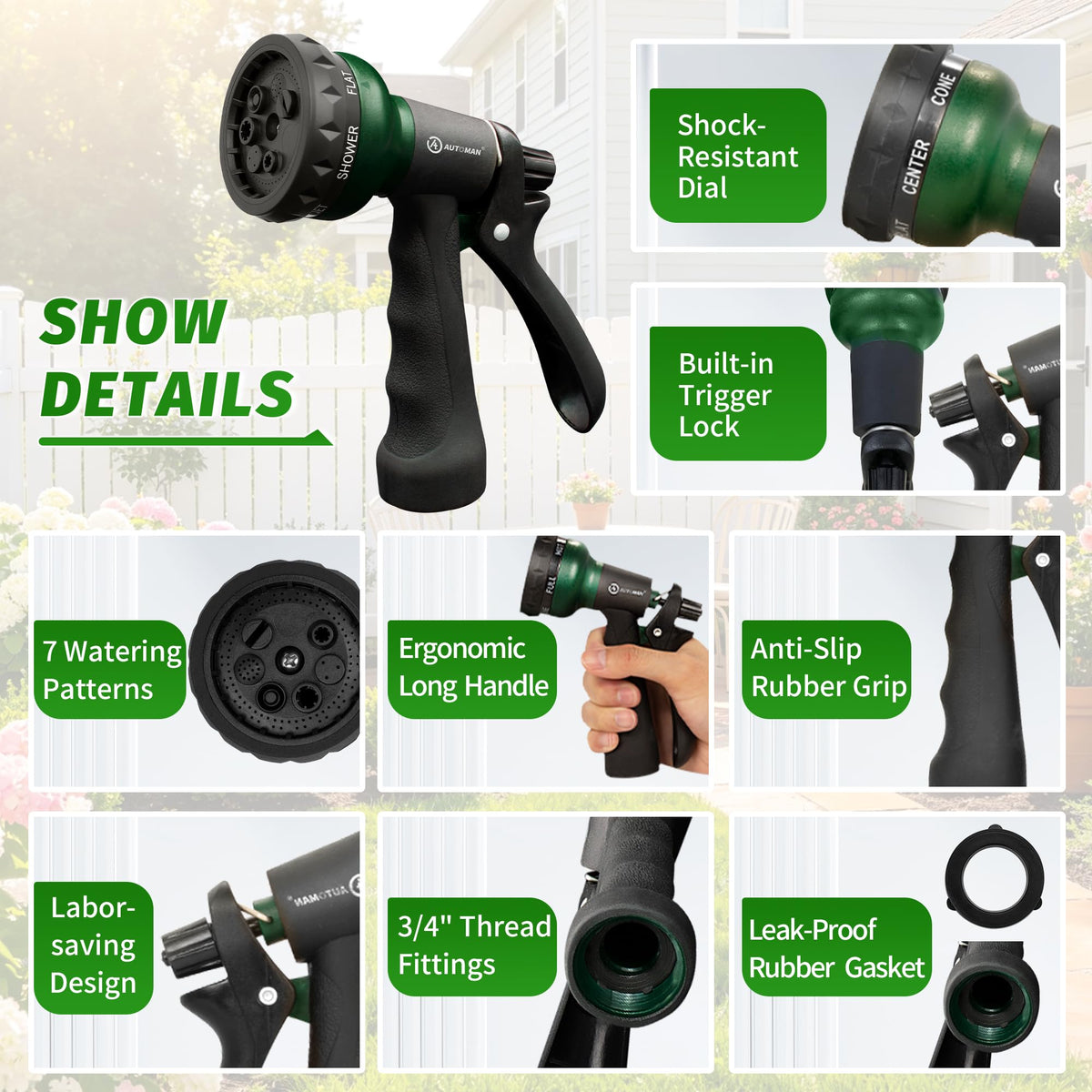 AUTOMAN Garden Hose Nozzle, Water Hose Sprayer Nozzle with 7 Adjustable Watering Patterns, Slip Resistant for Watering Plants, Lawn& Garden, Washing Cars, Cleaning, Showering Pets & Outdoor Fun. Father Jim Norris notebooks