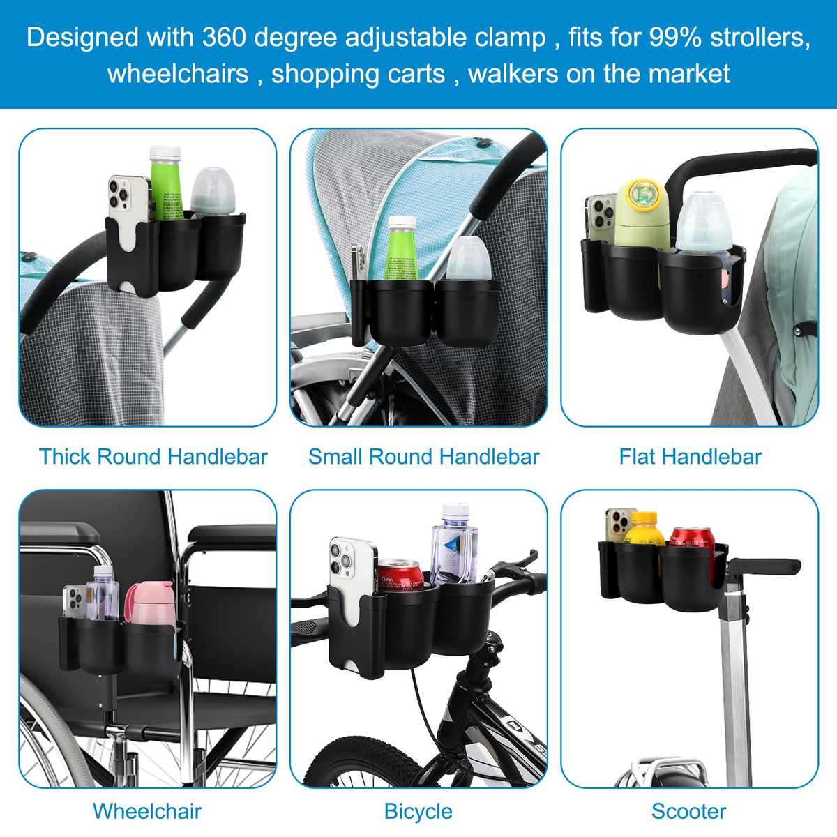 Accmor Stroller Cup Holder with Phone Holder, Bike Cup Holder, Walker Scooter Wheelchair Cup Holder Attachment, Universal Cup Holder for Uppababy Graco Strollers