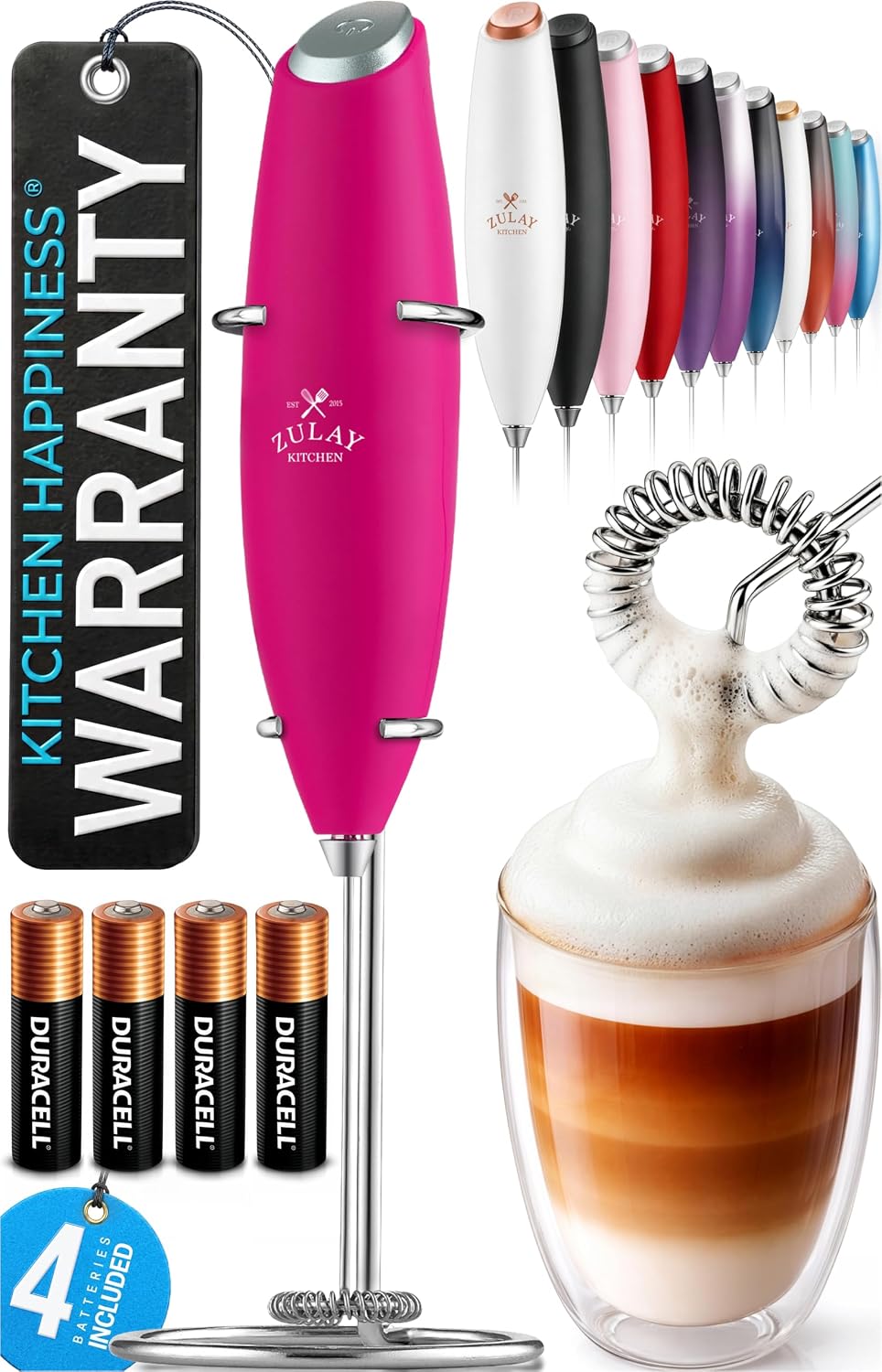 Zulay Kitchen Powerful Milk Frother Wand With Duracell Batteries - Ultra Fast Handheld Drink Mixer - Electric Whisk Foam Maker for Coffee, Lattes, Cappuccino & Matcha - Triple Whisk - Queen Turquoise