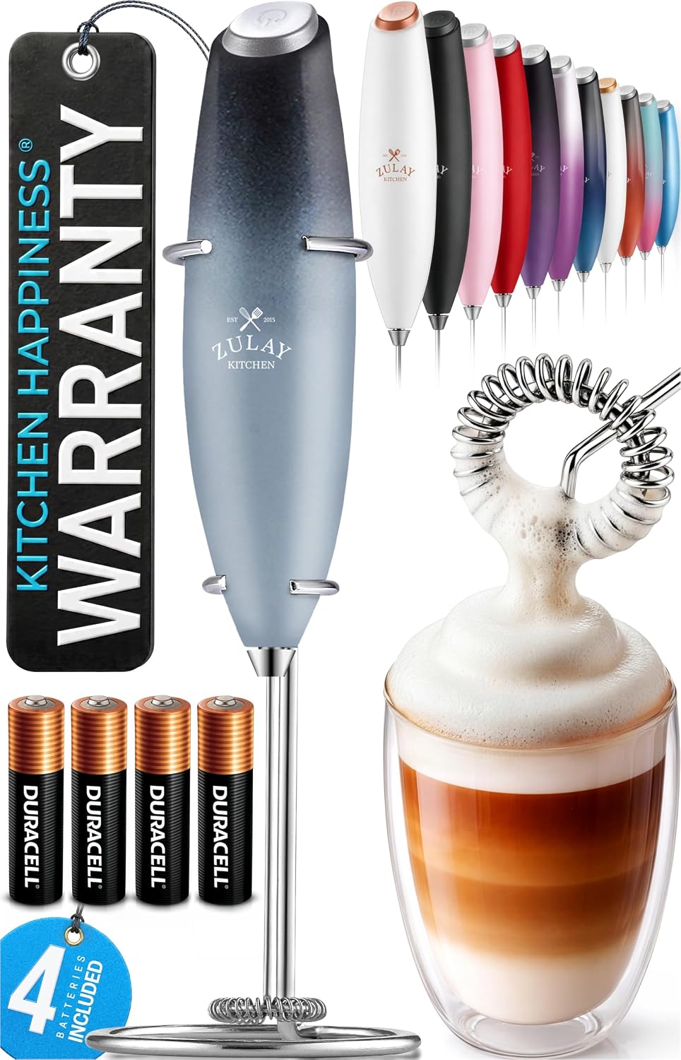 Zulay Kitchen Powerful Milk Frother Wand With Duracell Batteries - Ultra Fast Handheld Drink Mixer - Electric Whisk Foam Maker for Coffee, Lattes, Cappuccino & Matcha - Triple Whisk - Queen Turquoise