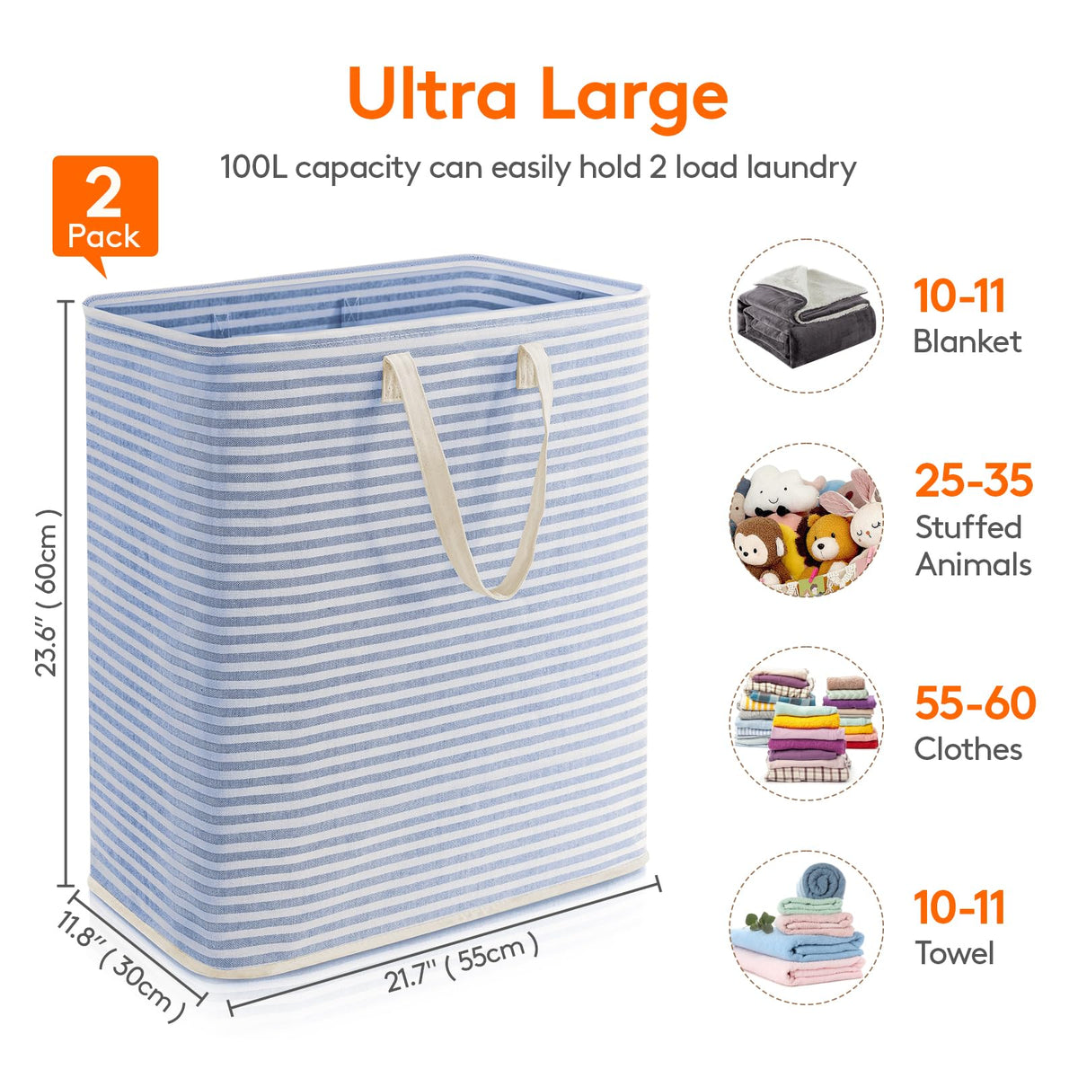 Lifewit 80L Large Laundry Baskets, Laundry Hampers Bags, 2 Pack, Grey
