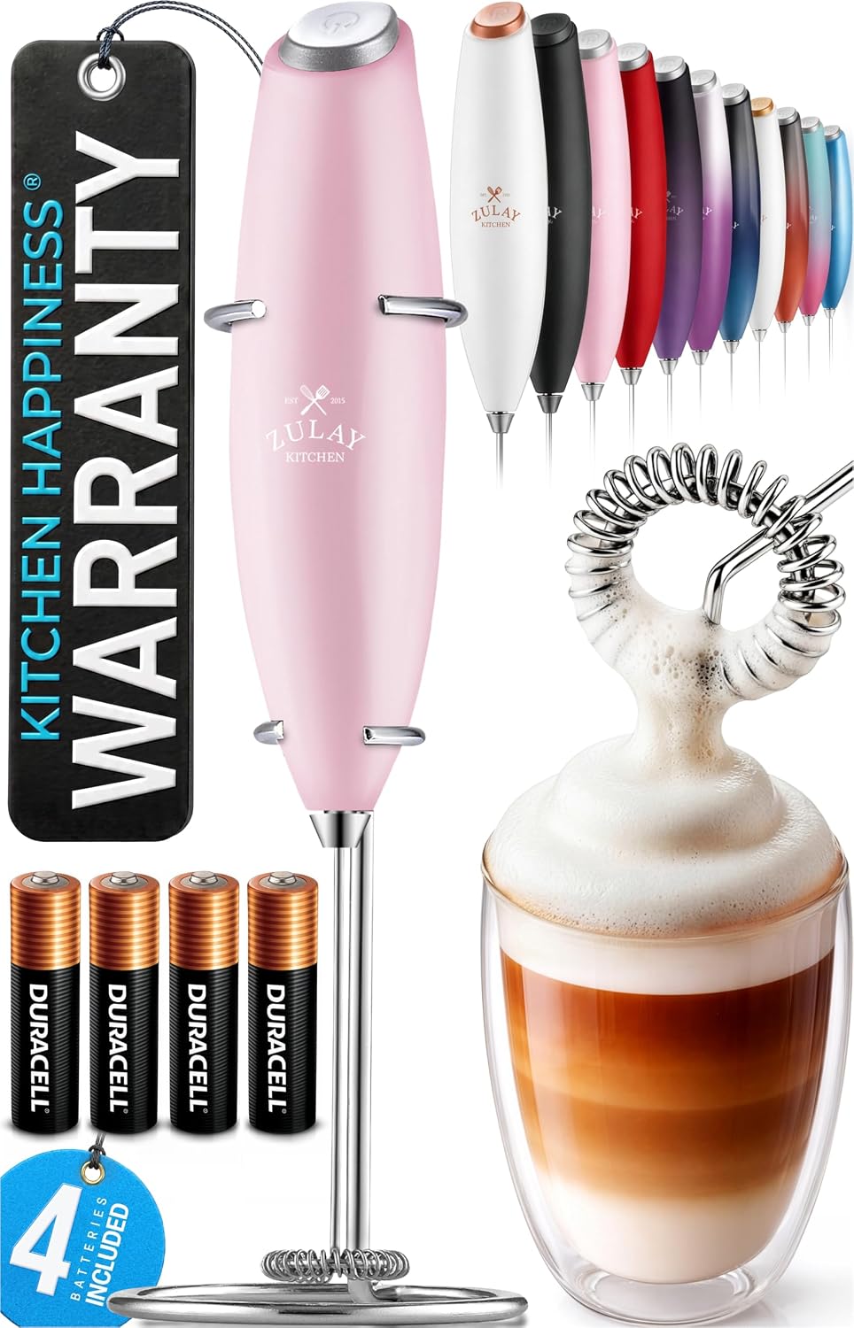 Zulay Kitchen Powerful Milk Frother Wand With Duracell Batteries - Ultra Fast Handheld Drink Mixer - Electric Whisk Foam Maker for Coffee, Lattes, Cappuccino & Matcha - Triple Whisk - Queen Turquoise