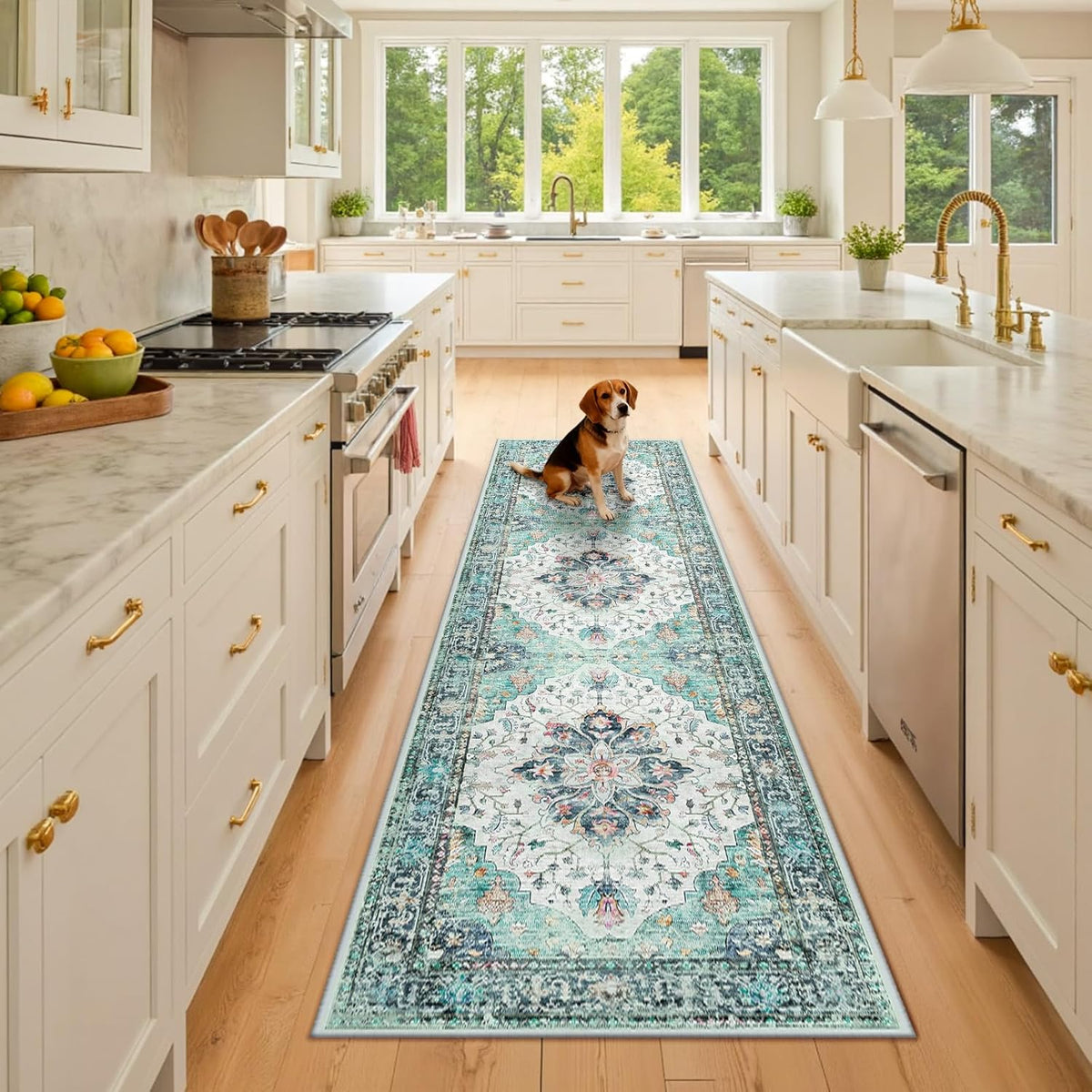 RELEANY Washable Area Rug, Small 2'x3', Teal Green/White/Navy