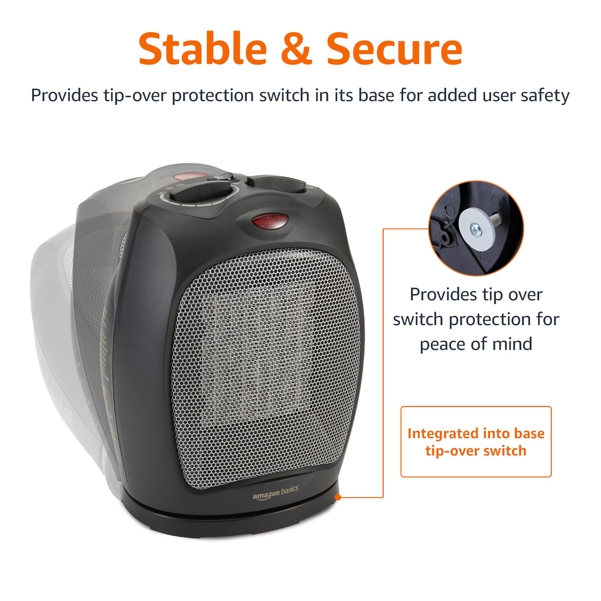 Amazon Basics Ceramic Space Heater, Portable Indoor Heating Solution, With Overheat and Tip-Over Protection,