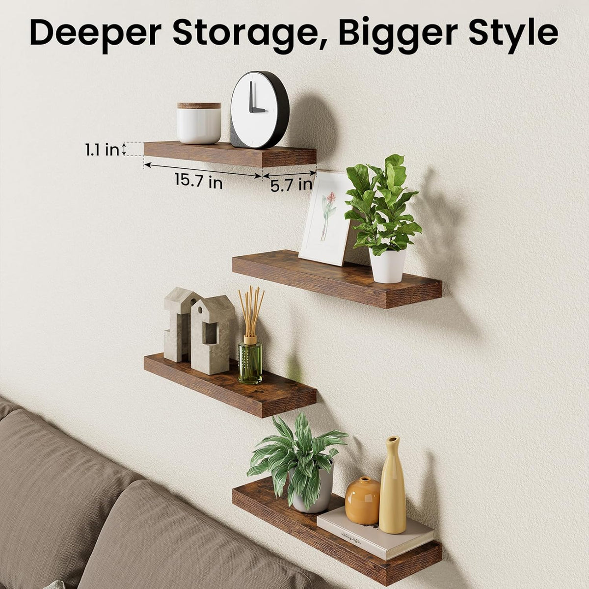 BAYKA Rustic Brown Bathroom Floating Shelves, 15.7in, 3Pk, Wall Mount Shelf