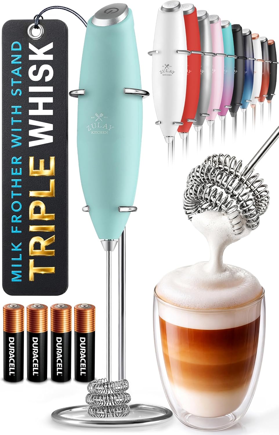 Zulay Kitchen Powerful Milk Frother Wand With Duracell Batteries - Ultra Fast Handheld Drink Mixer - Electric Whisk Foam Maker for Coffee, Lattes, Cappuccino & Matcha - Triple Whisk - Queen Turquoise