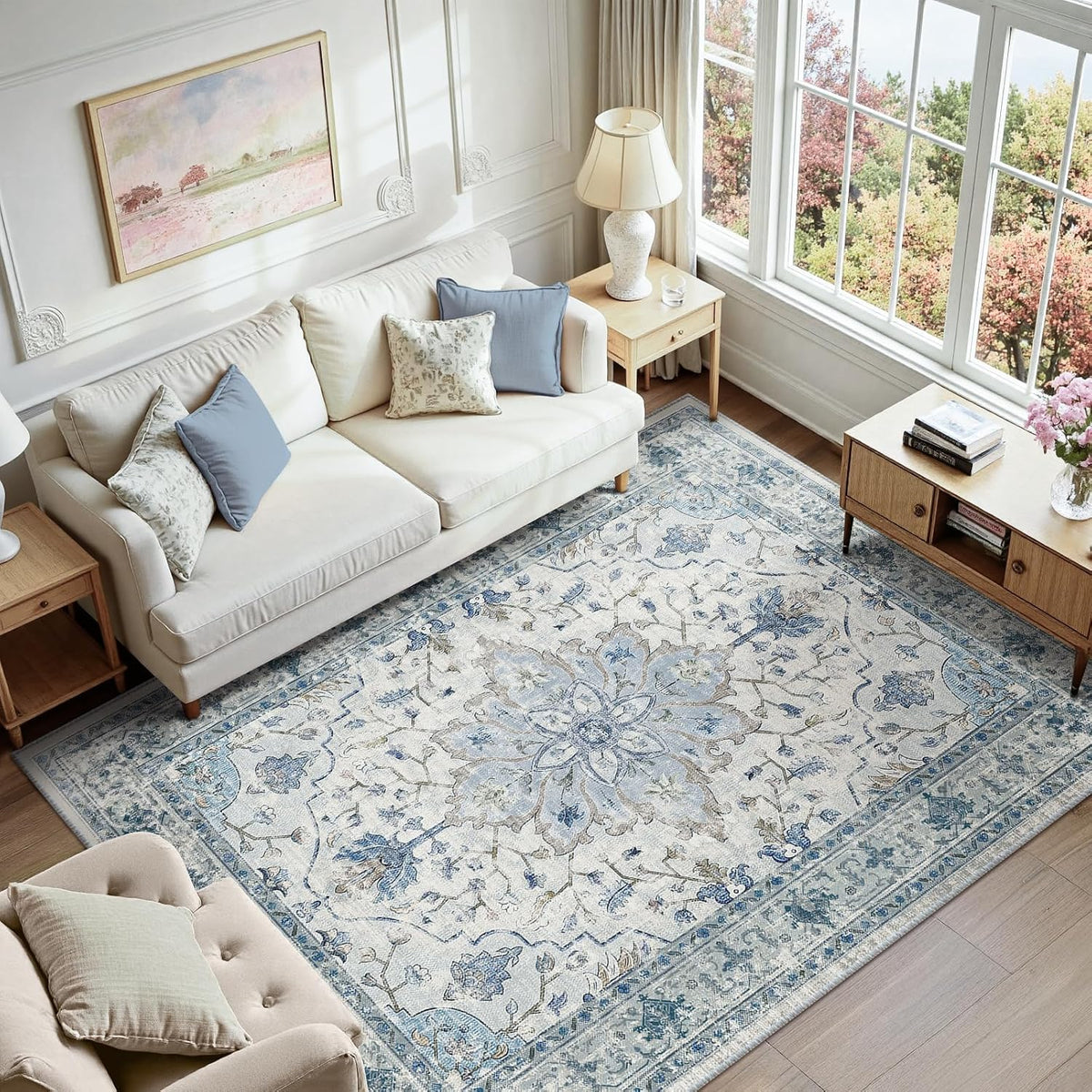 RELEANY Washable Area Rug, Small 2'x3', Teal Green/White/Navy