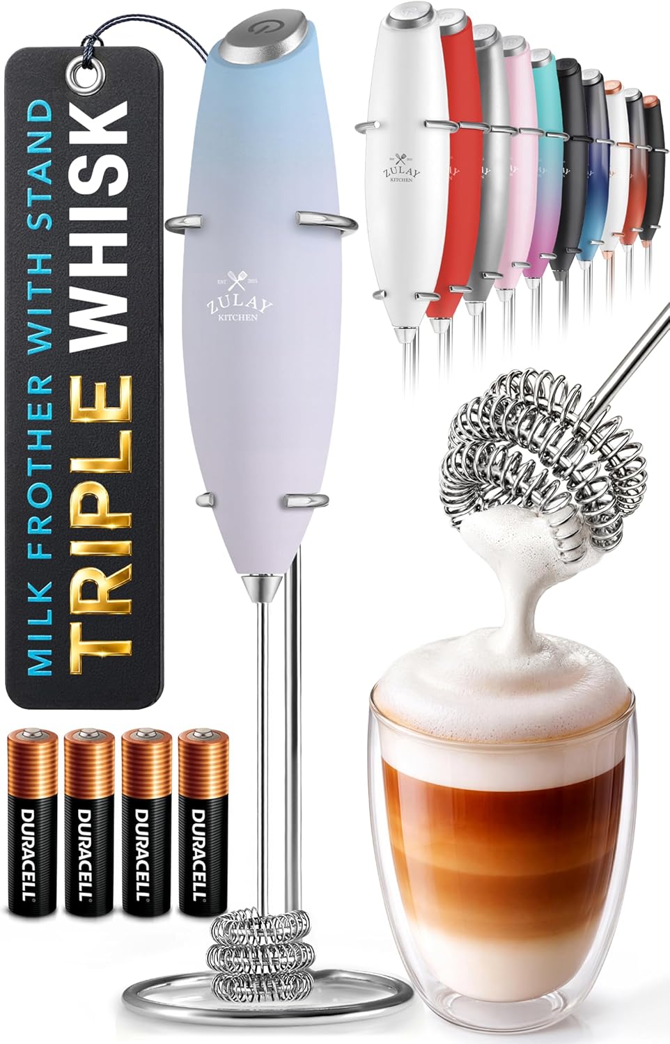 Zulay Kitchen Powerful Milk Frother Wand With Duracell Batteries - Ultra Fast Handheld Drink Mixer - Electric Whisk Foam Maker for Coffee, Lattes, Cappuccino & Matcha - Triple Whisk - Queen Turquoise