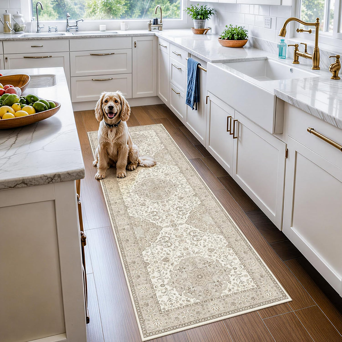 Hallway Washable Runner Rug - 3x10 Kitchen Rugs Entryway Rug Runner Vintage Soft Floor Mat Non Slip Indoor Farmhouse Carpet for Bathroom Living Room Bedroom (3 X 10, Beige)