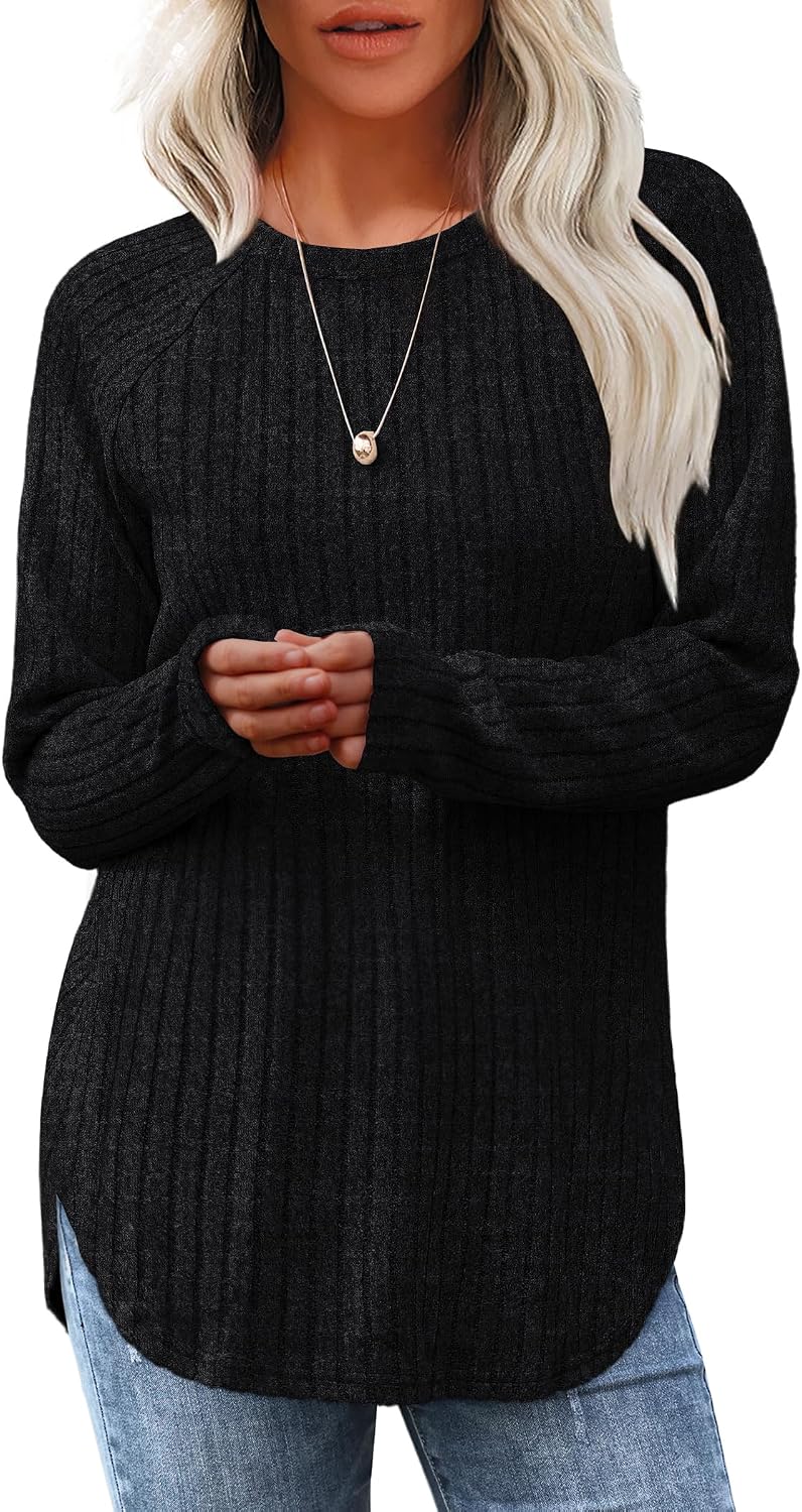 Saloogoe Long Sleeve Shirts for Women 2026 Fall Clothes Tunic Tops Loose Fit Dressy Crewneck Pullover Sweaters Curved Hem