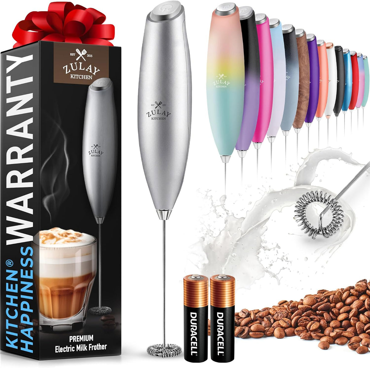Zulay Kitchen Powerful Milk Frother Wand With Duracell Batteries - Ultra Fast Handheld Drink Mixer - Electric Whisk Foam Maker for Coffee, Lattes, Cappuccino & Matcha - Triple Whisk - Queen Turquoise