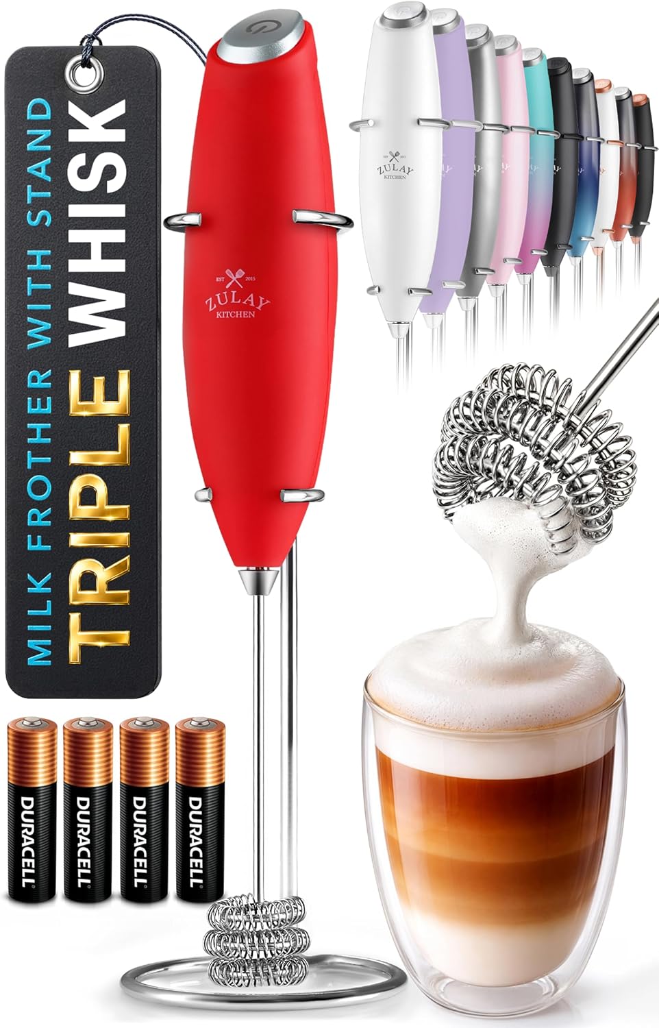 Zulay Kitchen Powerful Milk Frother Wand With Duracell Batteries - Ultra Fast Handheld Drink Mixer - Electric Whisk Foam Maker for Coffee, Lattes, Cappuccino & Matcha - Triple Whisk - Queen Turquoise