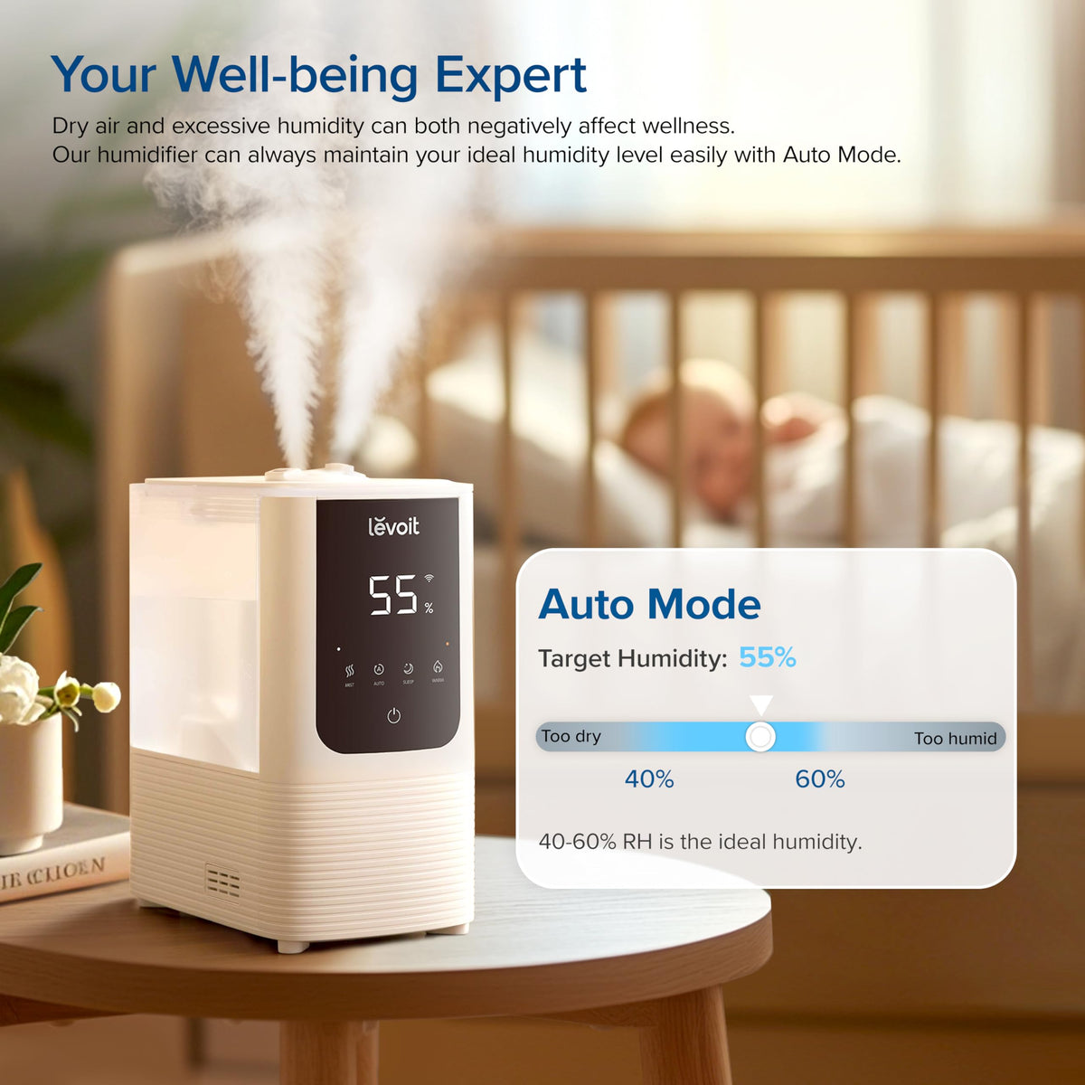 Levoit Humidifiers for Bedroom, Dishwasher Safe, Blue Light-Safe, 3.2L