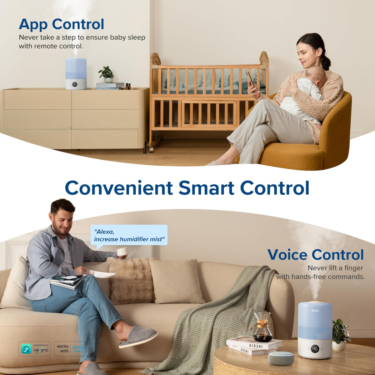 Levoit Humidifiers for Bedroom, Dishwasher Safe, Blue Light-Safe, 3.2L