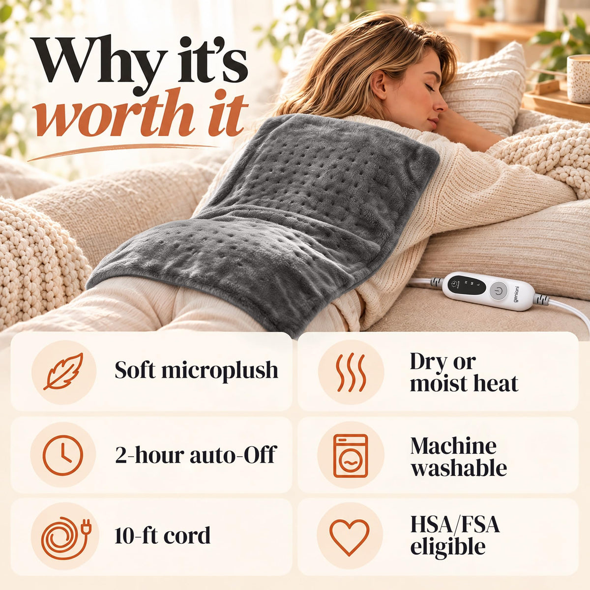 GENIANI XXL Heating Pad for Back Pain & Menstrual Pain Relief, Electric Throw Auto Shut Off,