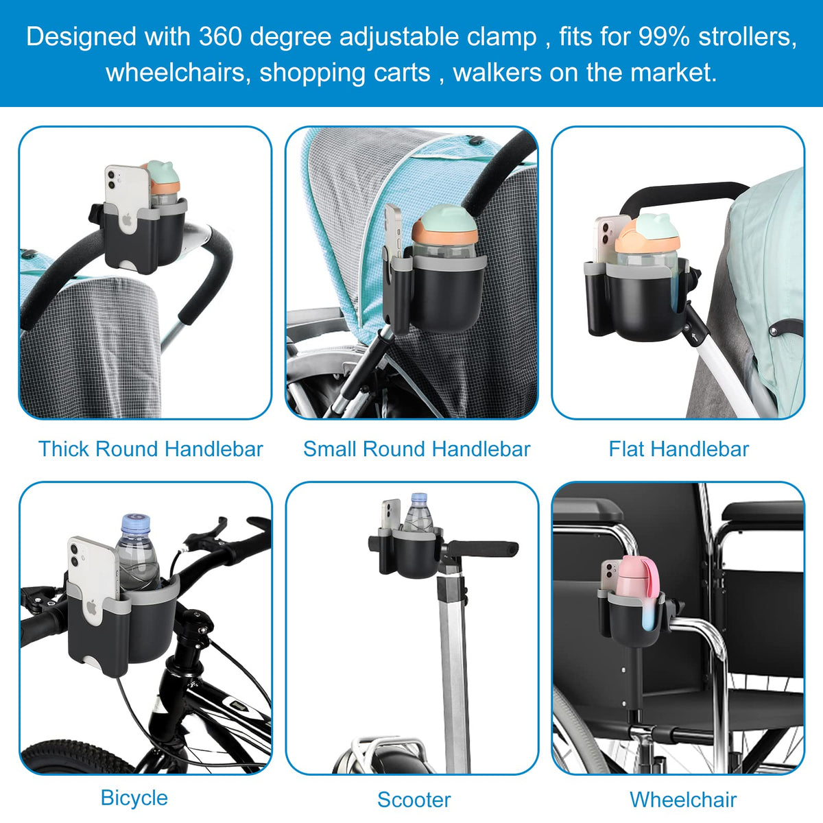 Accmor Stroller Cup Holder with Phone Holder, Bike Cup Holder, Walker Scooter Wheelchair Cup Holder Attachment, Universal Cup Holder for Uppababy Graco Strollers
