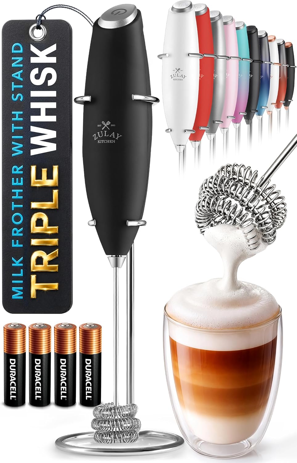 Zulay Kitchen Powerful Milk Frother Wand With Duracell Batteries - Ultra Fast Handheld Drink Mixer - Electric Whisk Foam Maker for Coffee, Lattes, Cappuccino & Matcha - Triple Whisk - Queen Turquoise