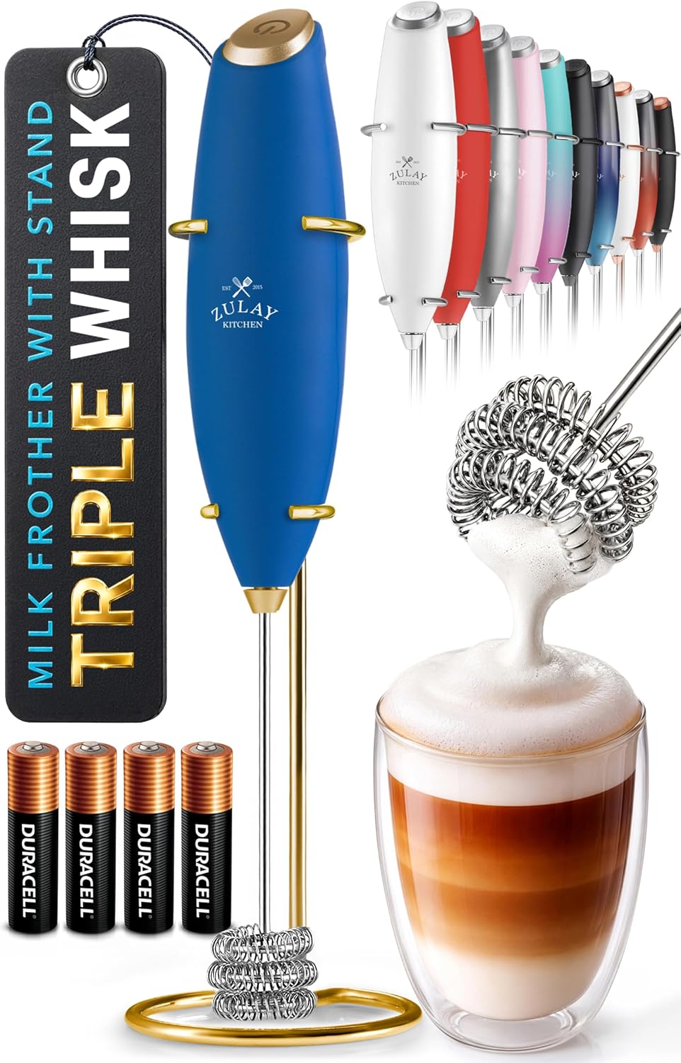 Zulay Kitchen Powerful Milk Frother Wand With Duracell Batteries - Ultra Fast Handheld Drink Mixer - Electric Whisk Foam Maker for Coffee, Lattes, Cappuccino & Matcha - Triple Whisk - Queen Turquoise
