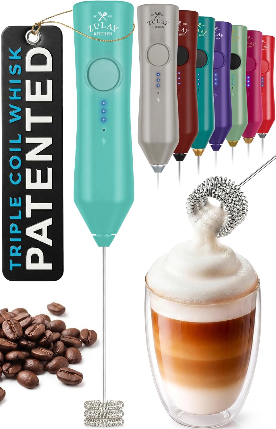 Zulay Kitchen Powerful Milk Frother Wand With Duracell Batteries - Ultra Fast Handheld Drink Mixer - Electric Whisk Foam Maker for Coffee, Lattes, Cappuccino & Matcha - Triple Whisk - Queen Turquoise