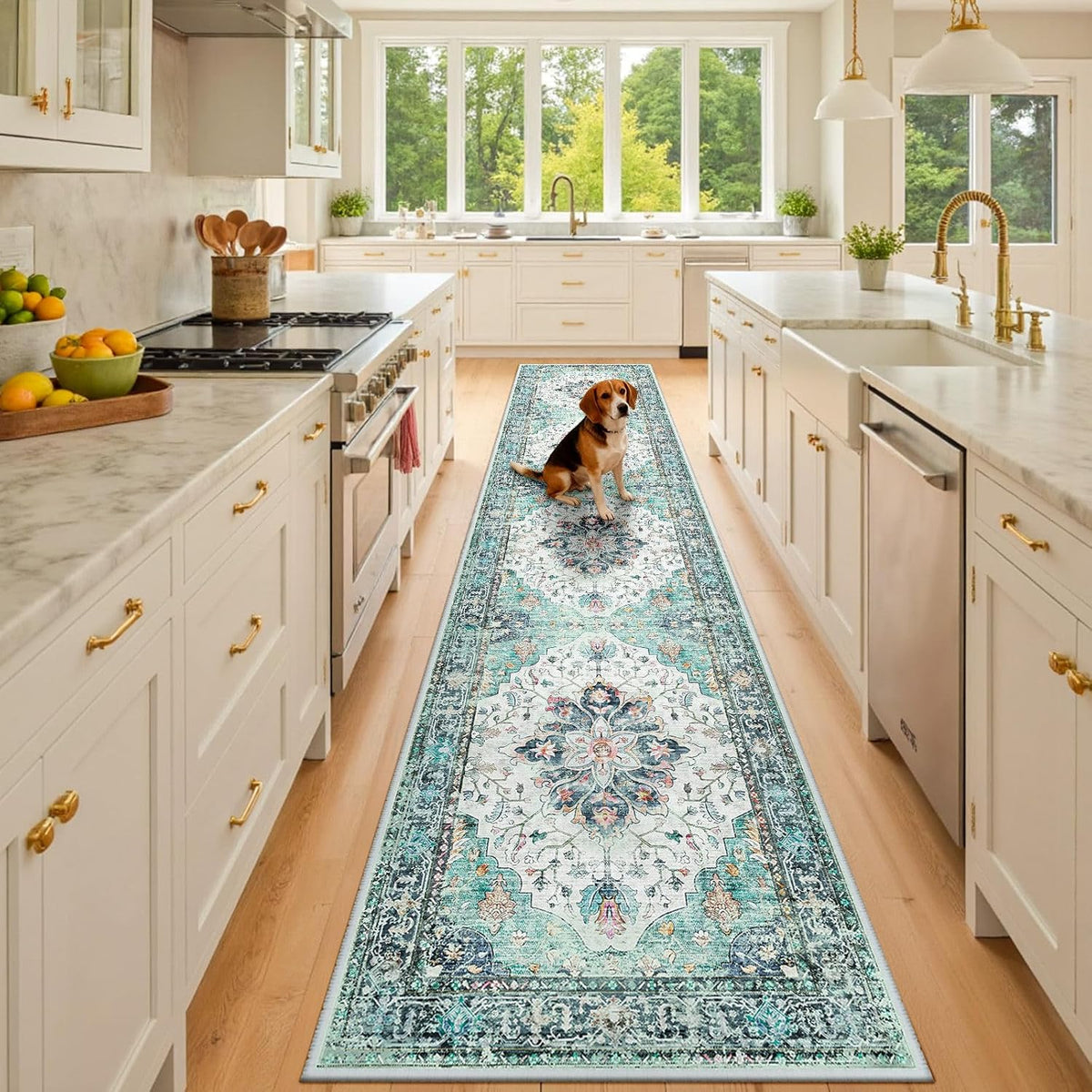 RELEANY Washable Area Rug, Small 2'x3', Teal Green/White/Navy