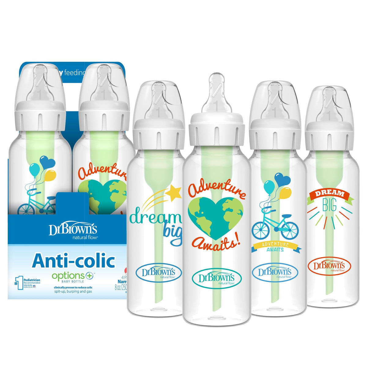 Dr. Brown's Anti-Colic Options+ Narrow Baby Bottle, Clear, 8 oz, 4-Pack