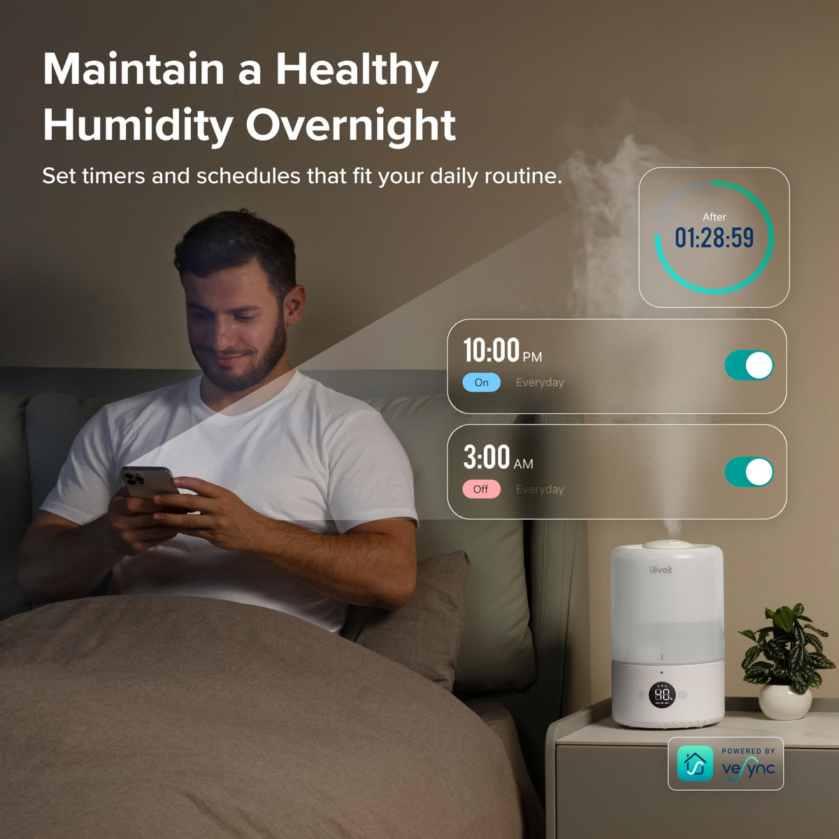 Levoit Humidifiers for Bedroom, Dishwasher Safe, Blue Light-Safe, 3.2L