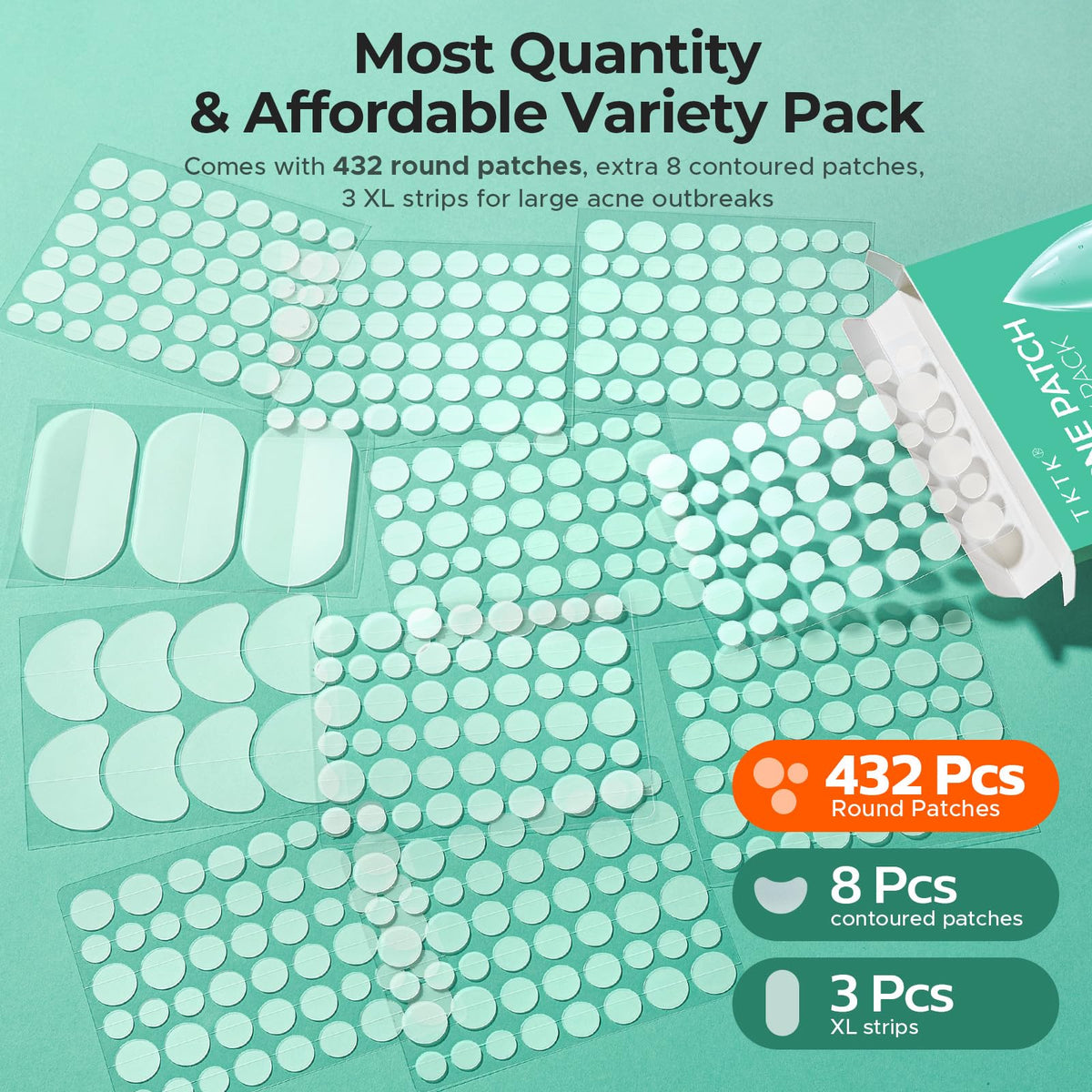 TKTK Large Hydrocolloid Pimple Patches for Acne Breakouts, 4 Big Sizes