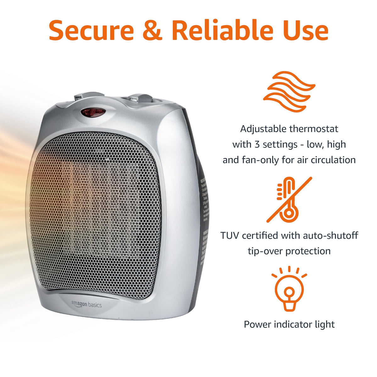 Amazon Basics Ceramic Space Heater, Portable Indoor Heating Solution, With Overheat and Tip-Over Protection,