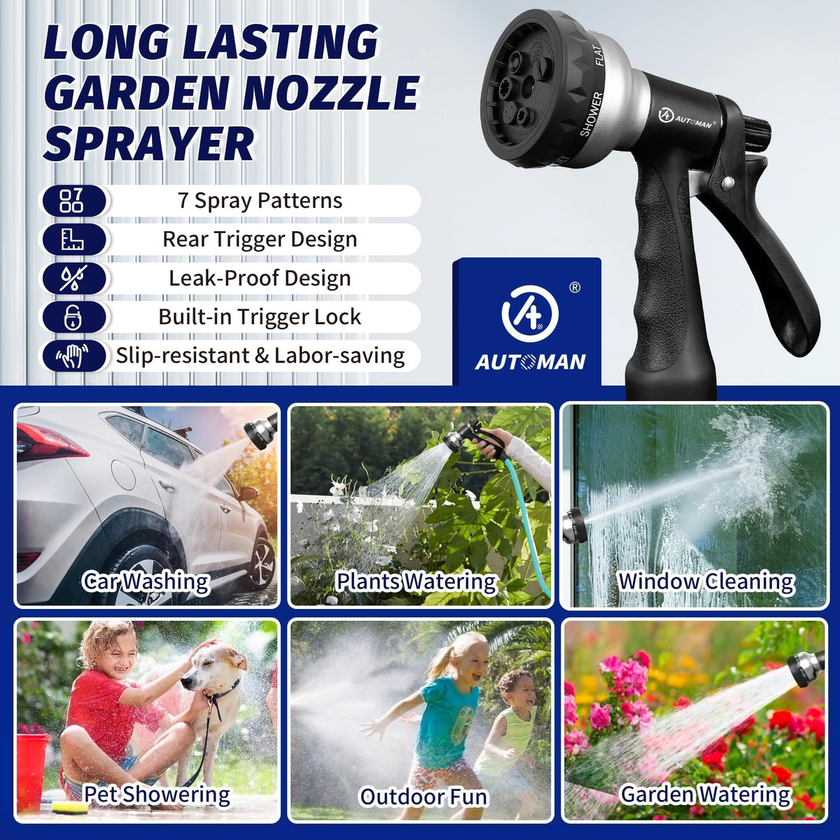 AUTOMAN Garden Hose Nozzle, Water Hose Sprayer Nozzle with 7 Adjustable Watering Patterns, Slip Resistant for Watering Plants, Lawn& Garden, Washing Cars, Cleaning, Showering Pets & Outdoor Fun. Father Jim Norris notebooks