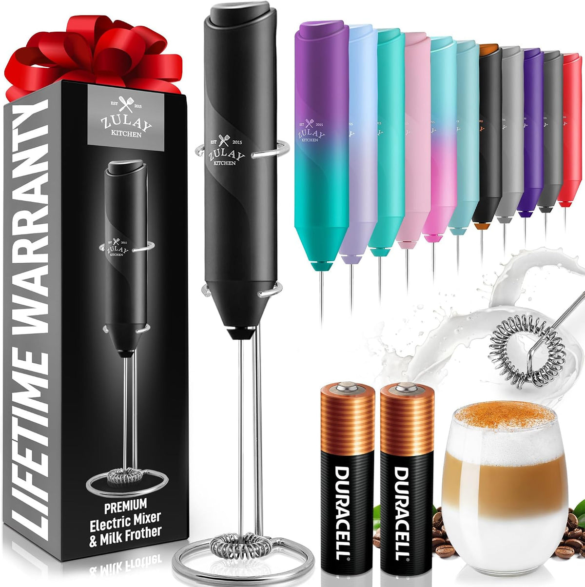 Zulay Kitchen Powerful Milk Frother Wand With Duracell Batteries - Ultra Fast Handheld Drink Mixer - Electric Whisk Foam Maker for Coffee, Lattes, Cappuccino & Matcha - Triple Whisk - Queen Turquoise