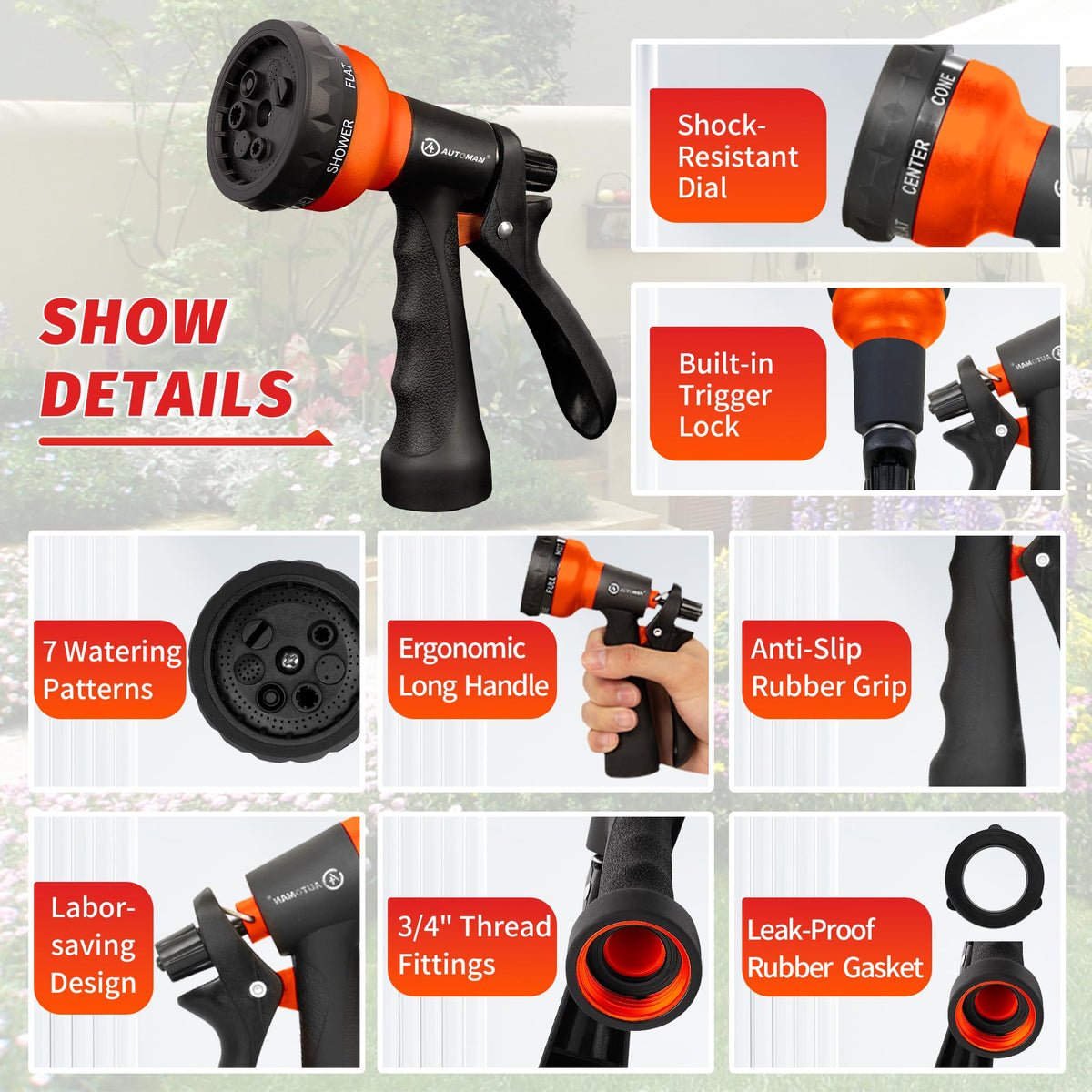 AUTOMAN Garden Hose Nozzle, Water Hose Sprayer Nozzle with 7 Adjustable Watering Patterns, Slip Resistant for Watering Plants, Lawn& Garden, Washing Cars, Cleaning, Showering Pets & Outdoor Fun. Father Jim Norris notebooks