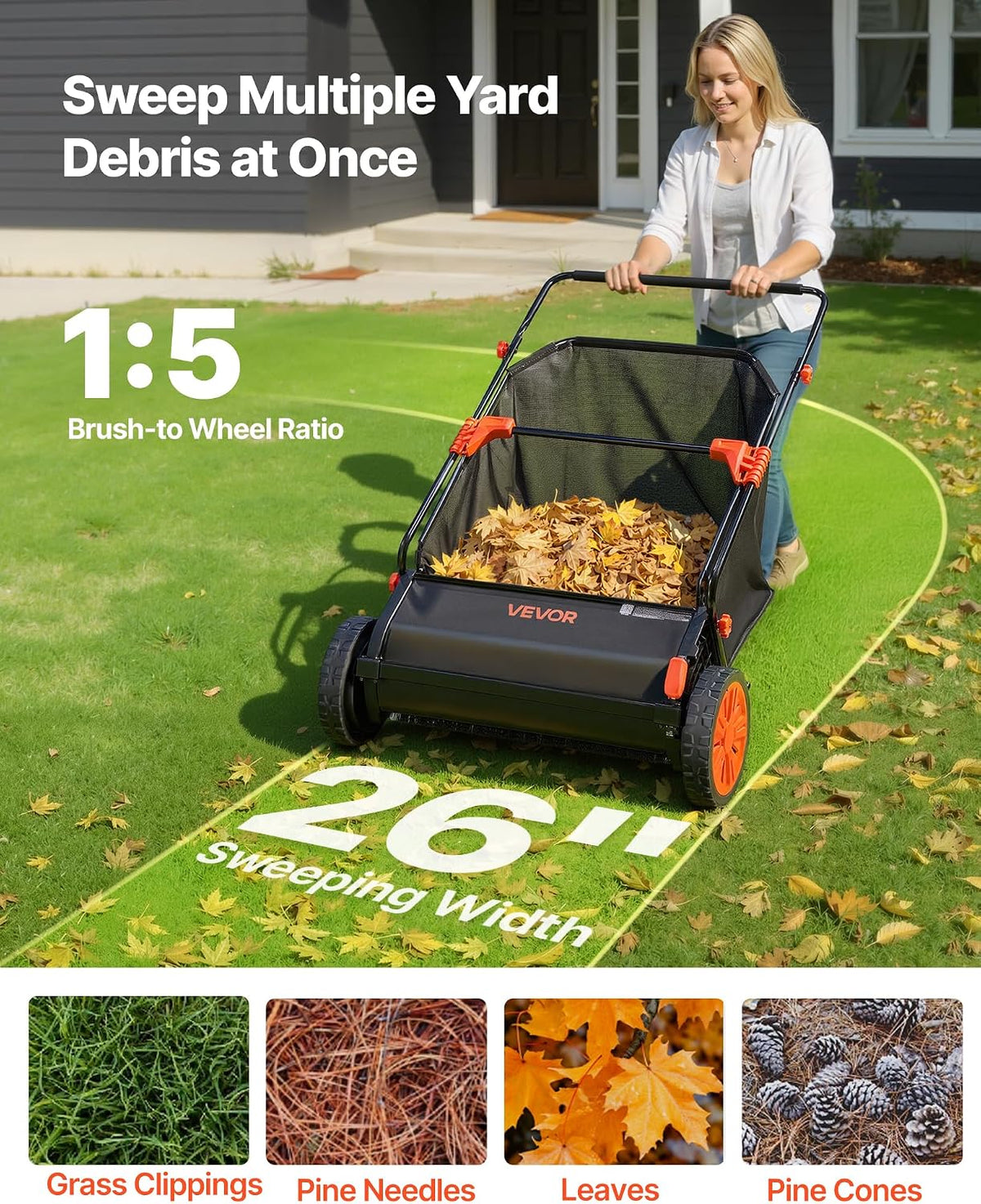 VEVOR Push Lawn Sweeper 26 in Leaf & Grass Collector 7 cu. ft. Hopper Bag Father Jim Norris notebooks