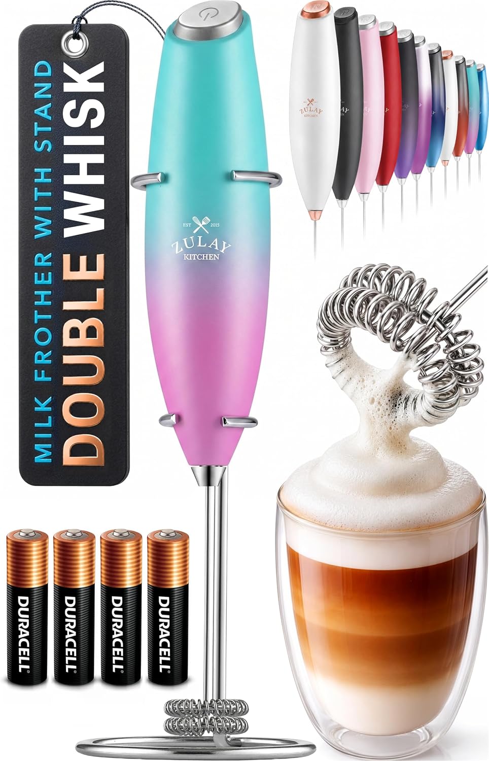 Zulay Kitchen Powerful Milk Frother Wand With Duracell Batteries - Ultra Fast Handheld Drink Mixer - Electric Whisk Foam Maker for Coffee, Lattes, Cappuccino & Matcha - Triple Whisk - Queen Turquoise