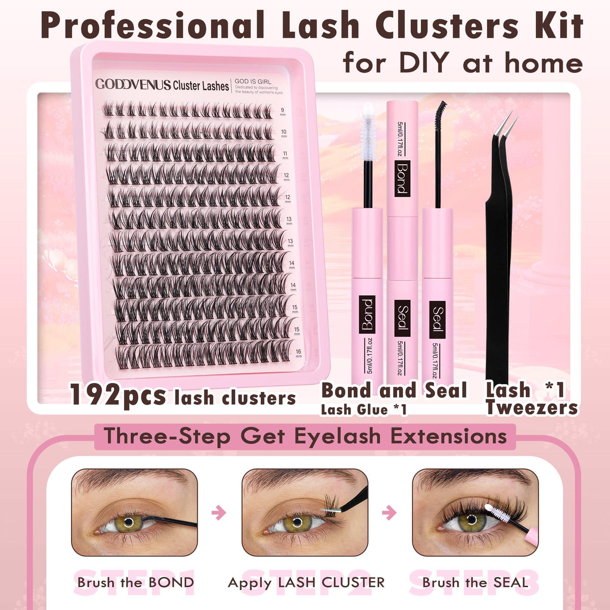Goddvenus Lash Clusters Kit 9-14mm Wispy Eyelash Clusters Lashes Natural DIY Lash Extension Kit Short Cluster Eyelash Extensions Kit 300pcs C Curl Individual Lashes Cluster Eyelash (With Tweezers)