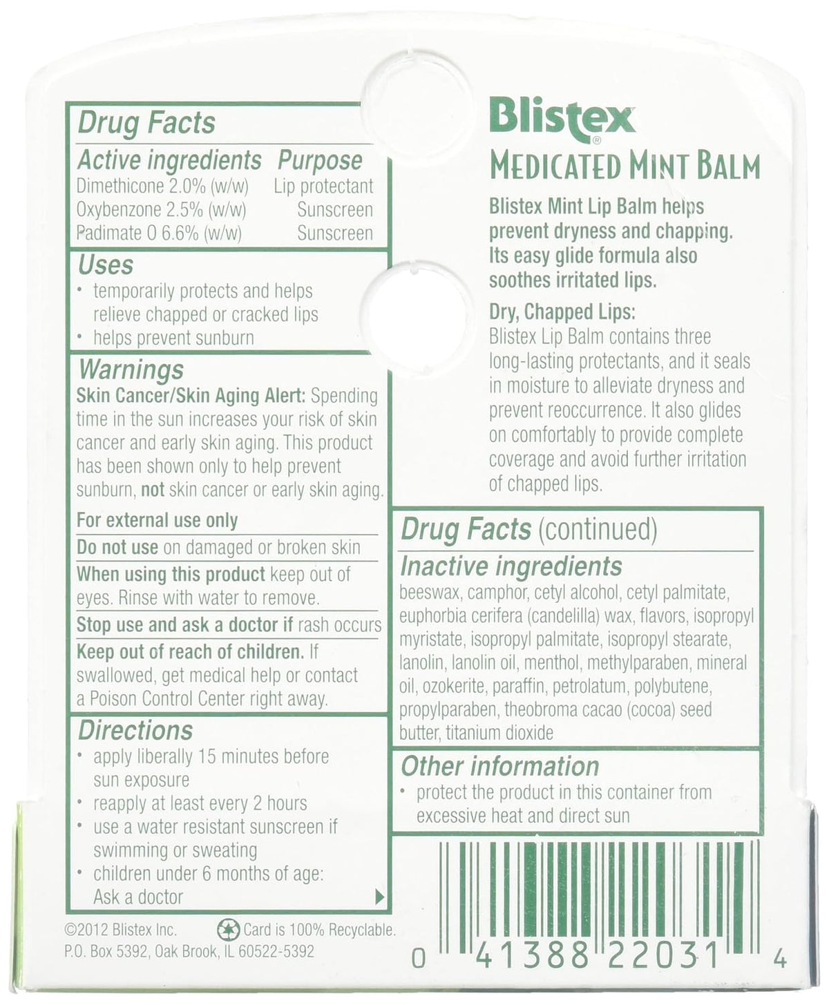 Blistex Medicated Mint Lip Balm SPF 15, 24 Hr Moisture, 0.15 oz, 3 Count
