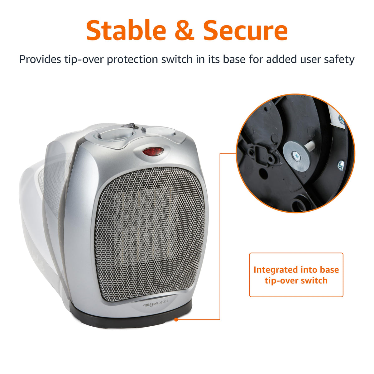 Amazon Basics Ceramic Space Heater, Portable Indoor Heating Solution, With Overheat and Tip-Over Protection,
