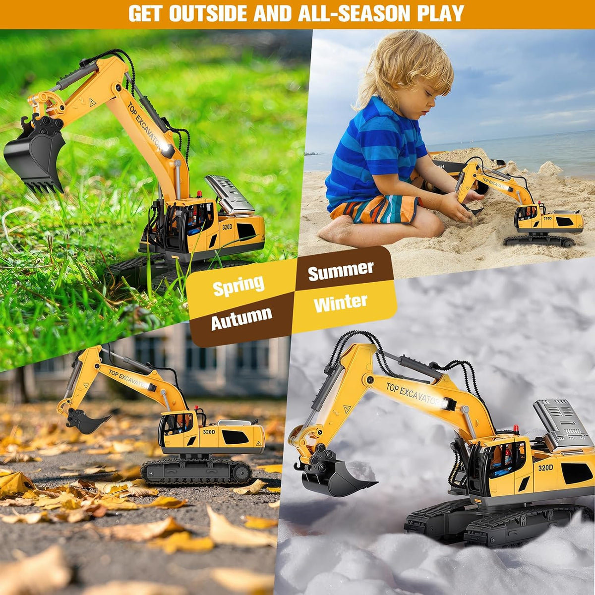 KIDMARKT Remote Control Excavator Toy for Boys, 11-Channel RC Construction Truck with Metal Parts, Lights & Dual Batteries, 120 Minutes Playtime, Rechargeable Digger Toy for Kids Ages 3-12, STEM Gift