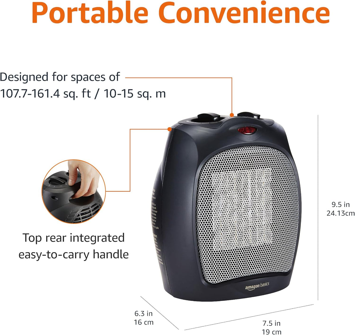 Amazon Basics Ceramic Space Heater, Portable Indoor Heating Solution, With Overheat and Tip-Over Protection,