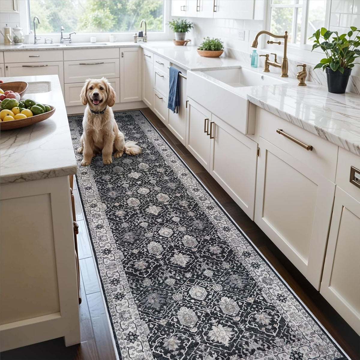 Hallway Washable Runner Rug - 3x10 Kitchen Rugs Entryway Rug Runner Vintage Soft Floor Mat Non Slip Indoor Farmhouse Carpet for Bathroom Living Room Bedroom (3 X 10, Beige)