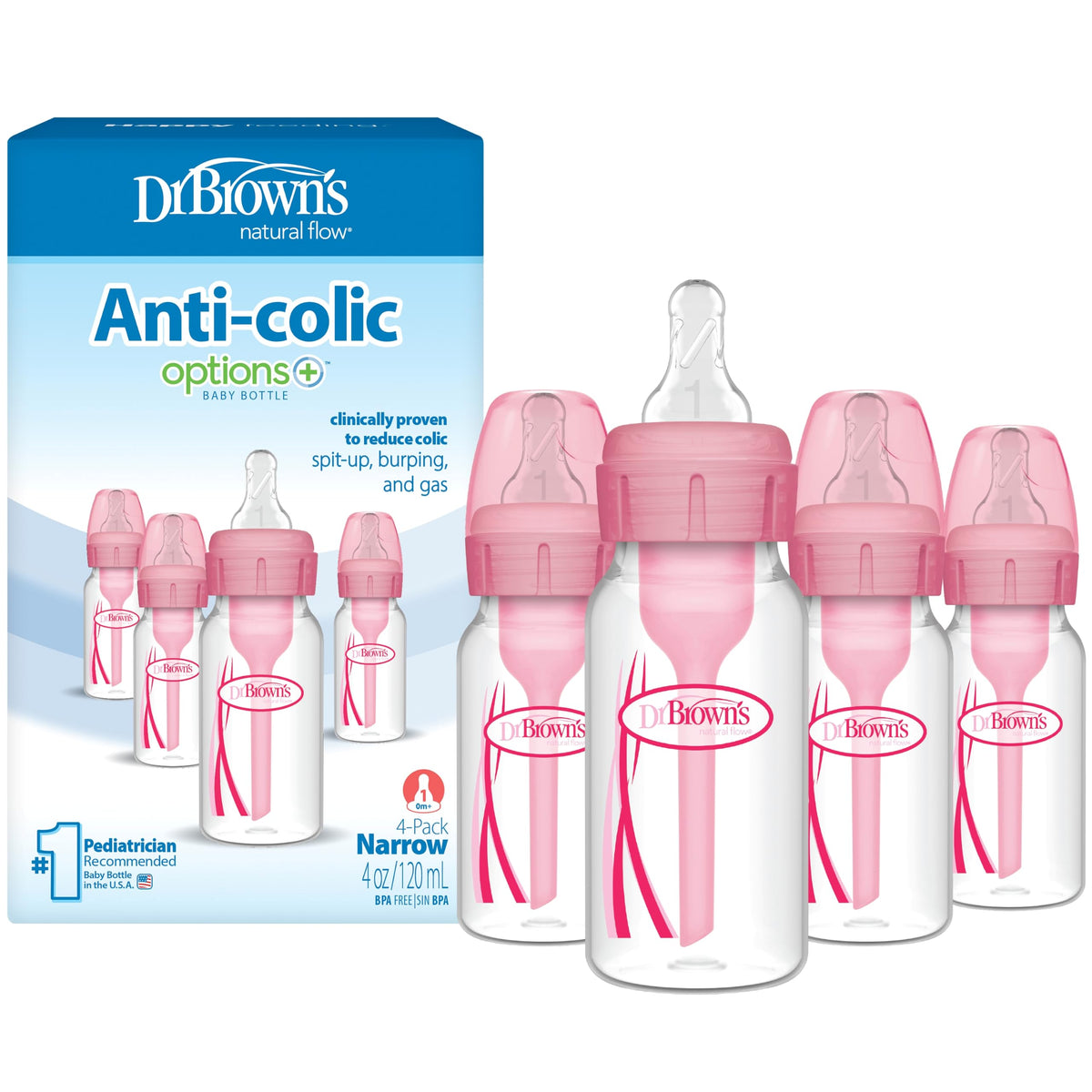 Dr. Brown's Anti-Colic Options+ Narrow Baby Bottle, Clear, 8 oz, 4-Pack
