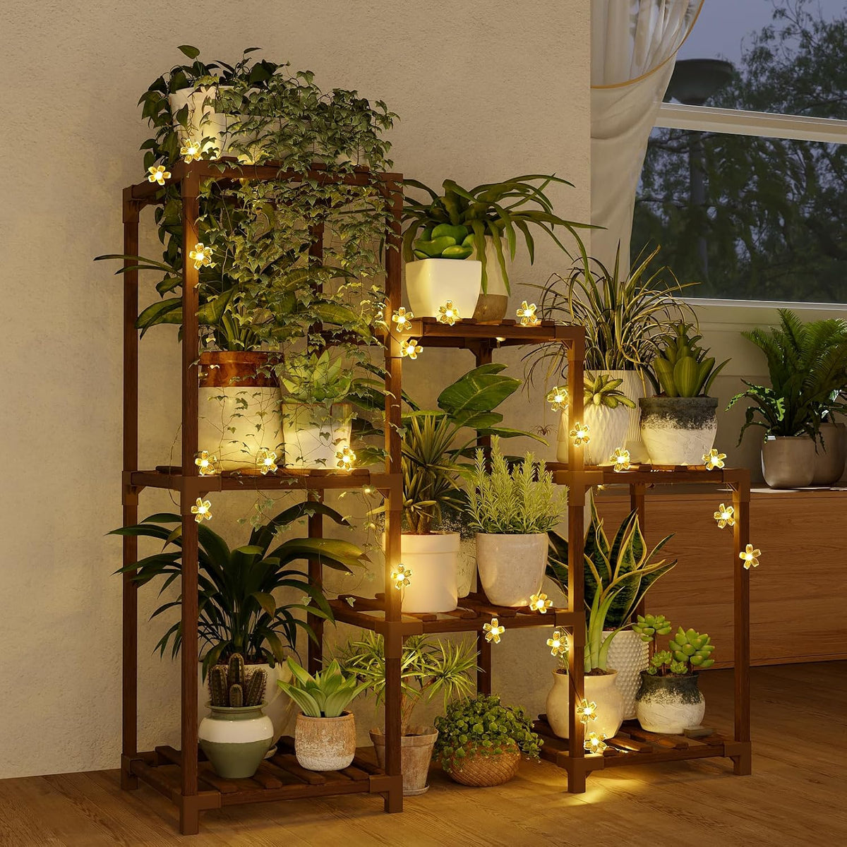 Bamworld Plant Stand Indoor with Flower Fairy Lights Battery Plant Shelf Father Jim Norris notebooks