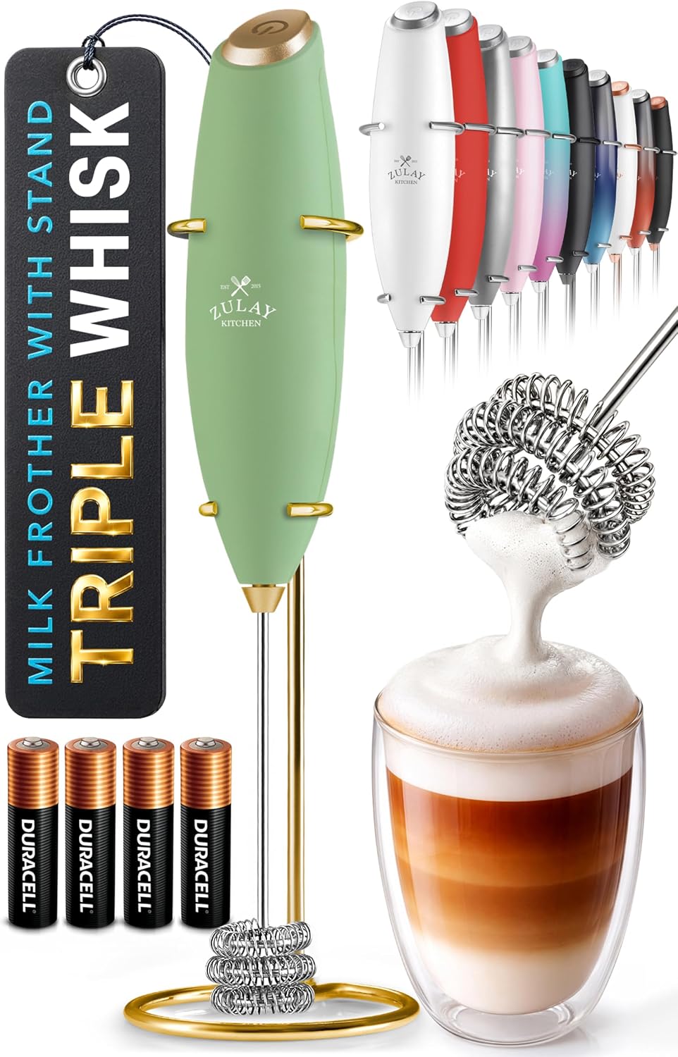 Zulay Kitchen Powerful Milk Frother Wand With Duracell Batteries - Ultra Fast Handheld Drink Mixer - Electric Whisk Foam Maker for Coffee, Lattes, Cappuccino & Matcha - Triple Whisk - Queen Turquoise