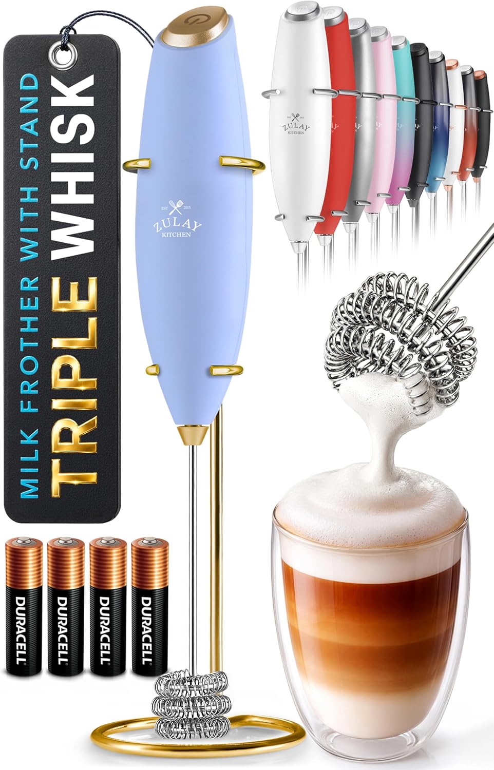Zulay Kitchen Powerful Milk Frother Wand With Duracell Batteries - Ultra Fast Handheld Drink Mixer - Electric Whisk Foam Maker for Coffee, Lattes, Cappuccino & Matcha - Triple Whisk - Queen Turquoise