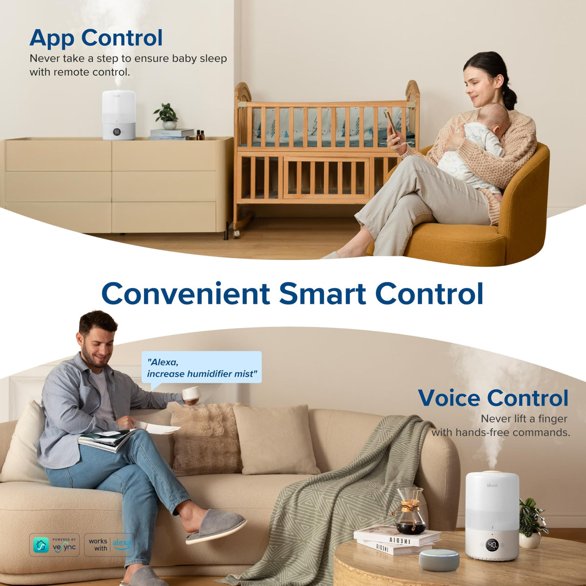 Levoit Humidifiers for Bedroom, Dishwasher Safe, Blue Light-Safe, 3.2L