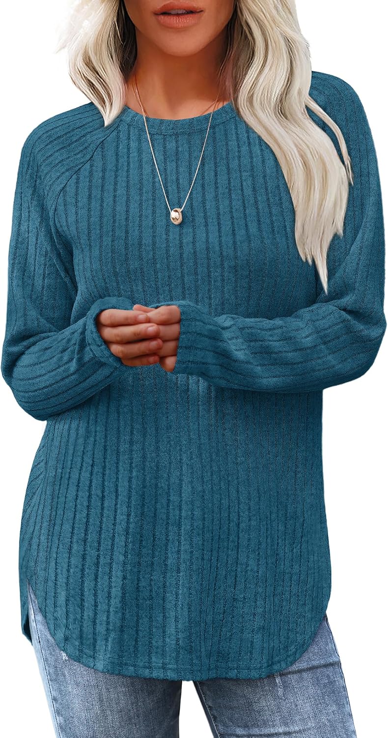 Saloogoe Long Sleeve Shirts for Women 2026 Fall Clothes Tunic Tops Loose Fit Dressy Crewneck Pullover Sweaters Curved Hem