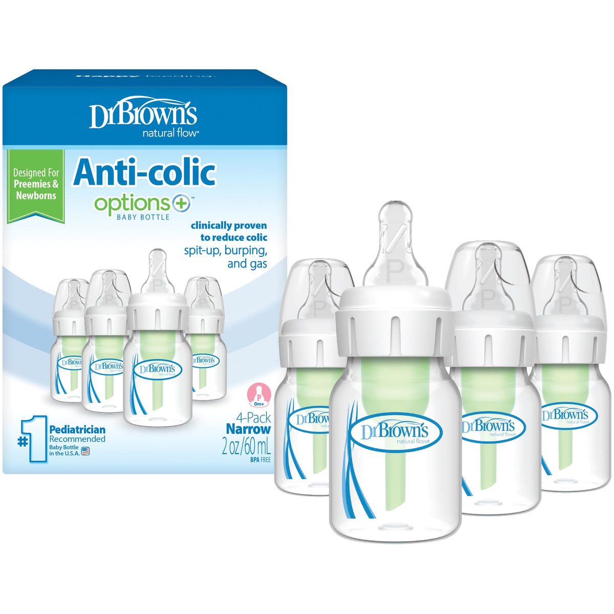 Dr. Brown's Anti-Colic Options+ Narrow Baby Bottle, Clear, 8 oz, 4-Pack
