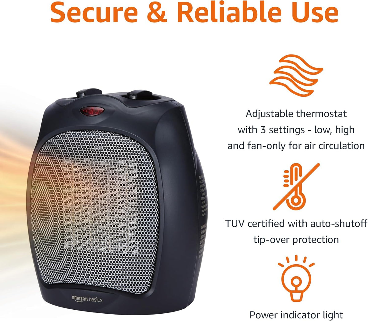 Amazon Basics Ceramic Space Heater, Portable Indoor Heating Solution, With Overheat and Tip-Over Protection,