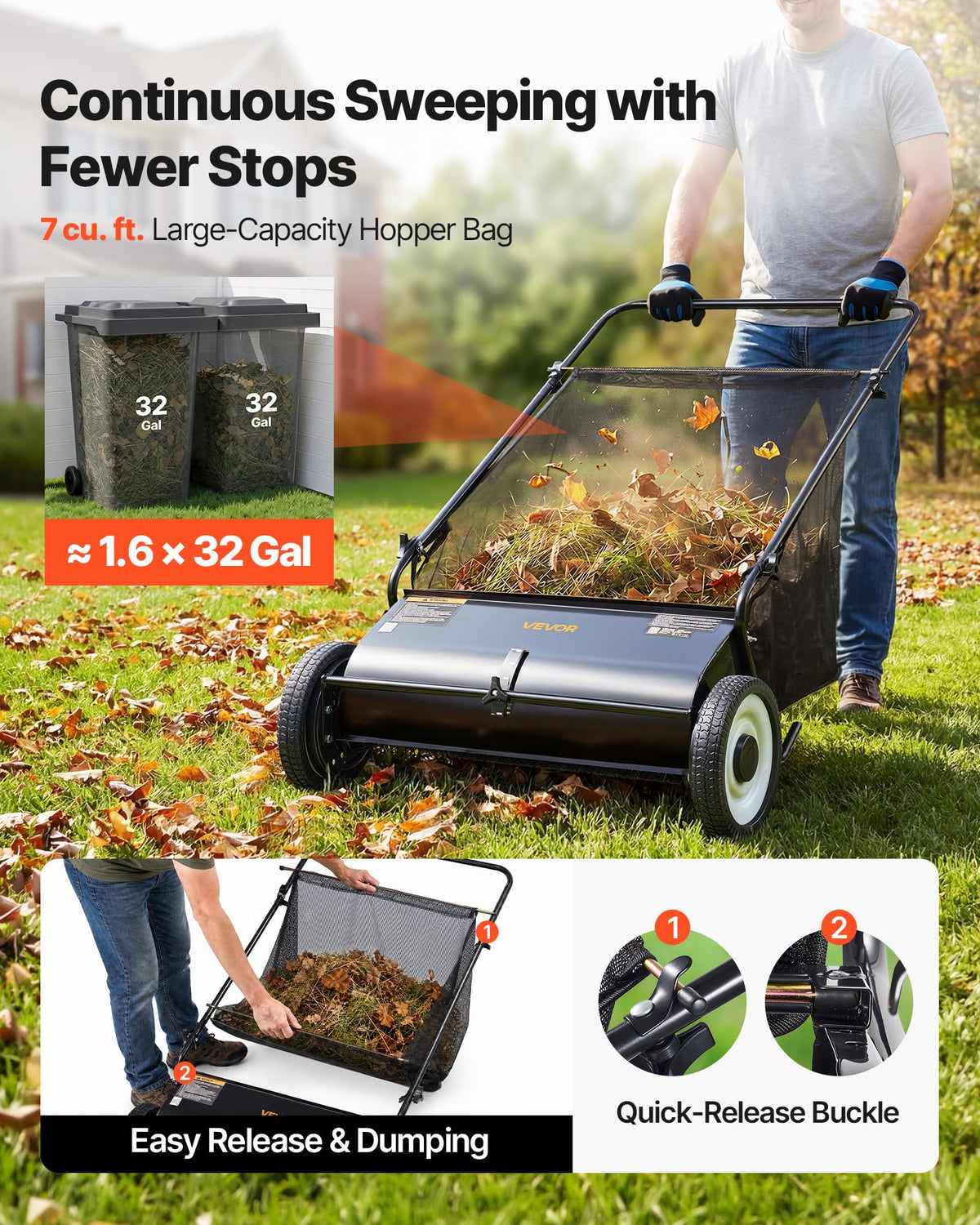 VEVOR Push Lawn Sweeper 26 in Leaf & Grass Collector 7 cu. ft. Hopper Bag Father Jim Norris notebooks