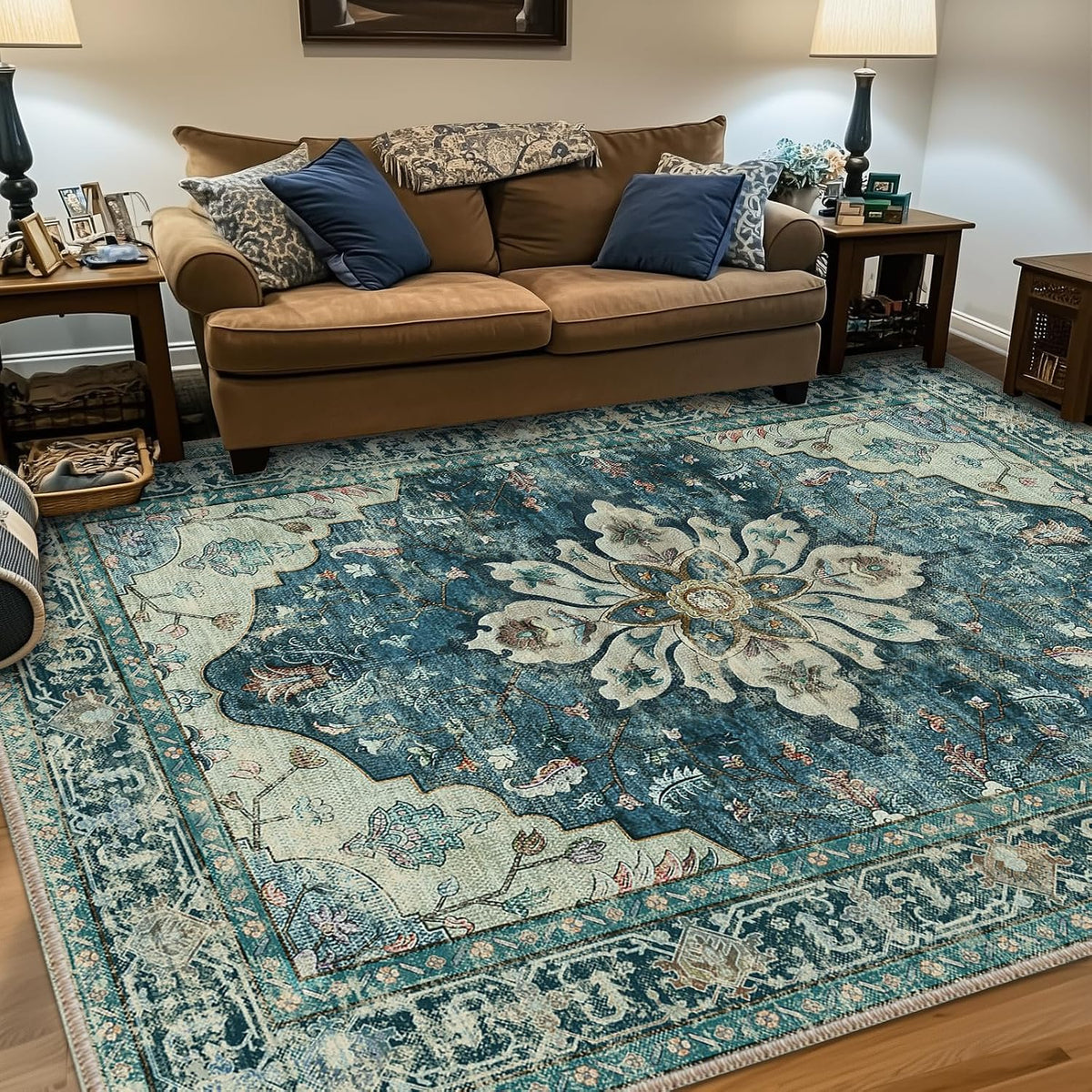 RELEANY Washable Area Rug, Small 2'x3', Teal Green/White/Navy